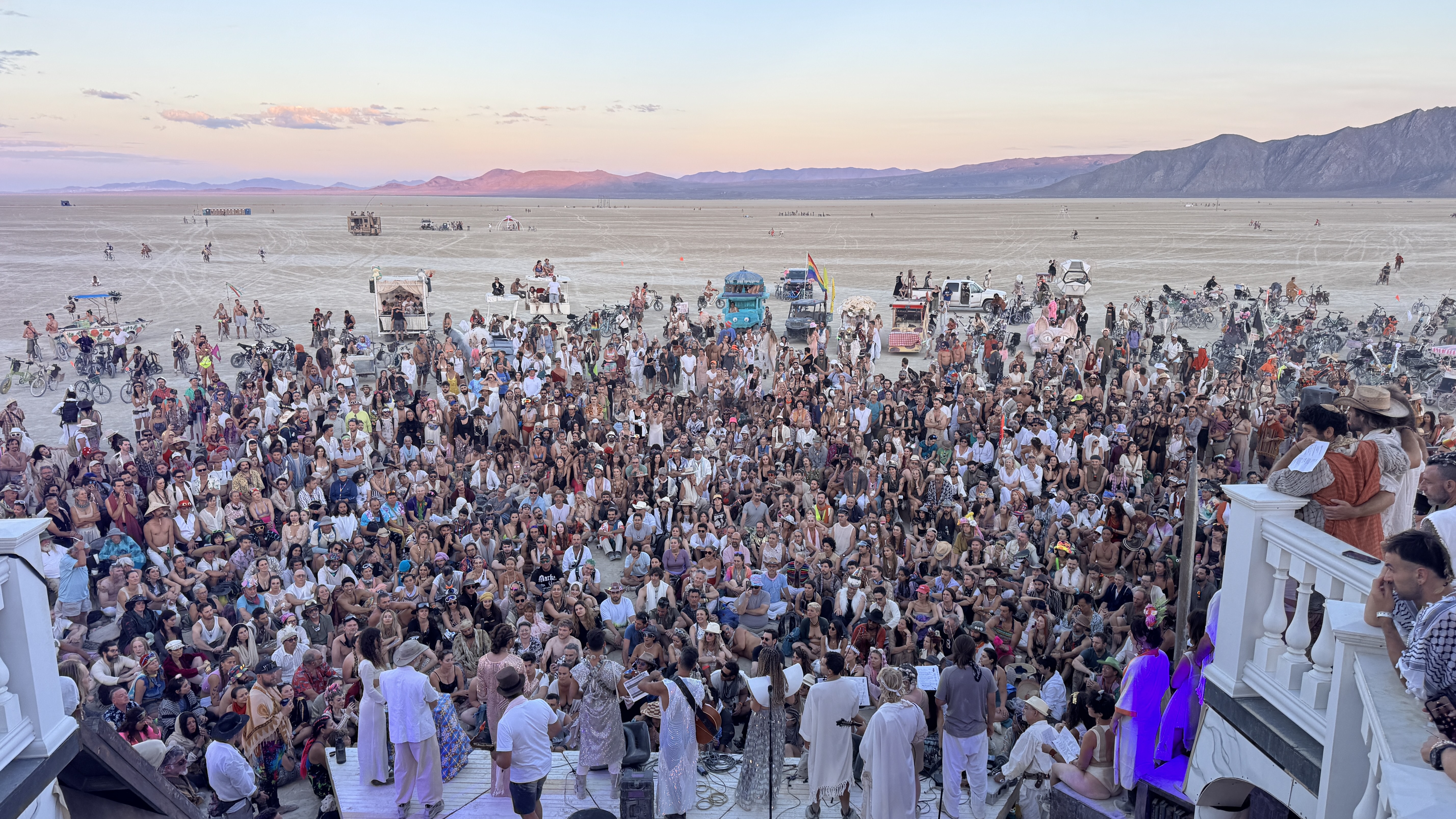 Thousands gathered at Black Rock City Shabbat at sunset in Deep Playa