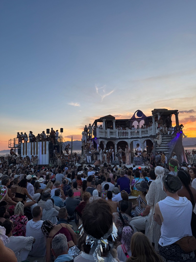 Gathering at Black Rock City Shabbat at sunset, Deep Playa